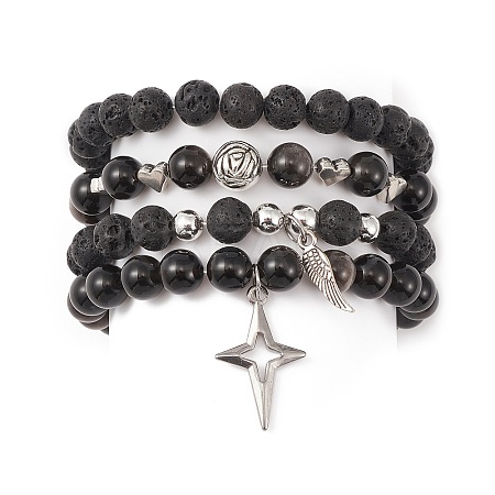 4Pcs 4 Style Natural Silver Obsidian & Lava Rock Stretch Bracelets Set BJEW-JB09480-1