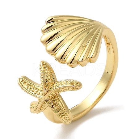 Starfish & Shell Shape Rack Plating Brass Open Cuff Finger Rings for Women RJEW-L123-010G-1