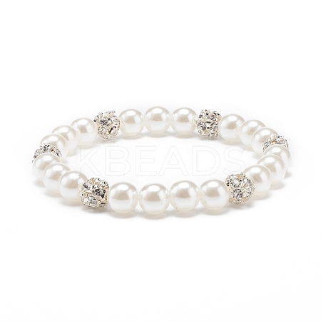 ABS Plastic Pearl & Brass Round Beaded Stretch Bracelet with Clear Rhinestone for Women BJEW-JB08523-02-1