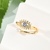 Evil Eye Brass Micro Pave Clear Cubic Zirconia Open Cuff Rings for Women. with ABS Plastic Imitation Pearl and Enamel RJEW-G343-20G-3