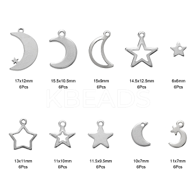 60Pcs 10 Style 304 Stainless Steel Pendants STAS-FS0001-14P-1