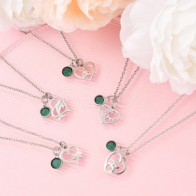 Valentine's Day 304 Stainless Steel & Green Glass Couple Heart Pendant Cable Chain Necklaces for Women NJEW-FS00014-01-1