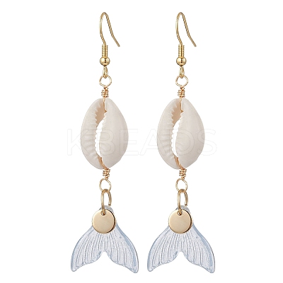 Natural Cowrie Shell Glass Dangle Earrings EJEW-JE06385-03-1
