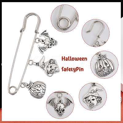 8Pcs 8 Style Halloween Pumpkin & Skull & Witch & Cat Zinc Alloy Charms Safety Pin Brooches Set JEWB-FH0001-30-1