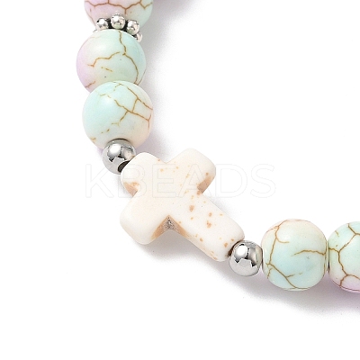 Baking Paint Synthetic Turquoise Round & Cross Beads Stretch Bracelets for Men Women BJEW-JB12339-02-1