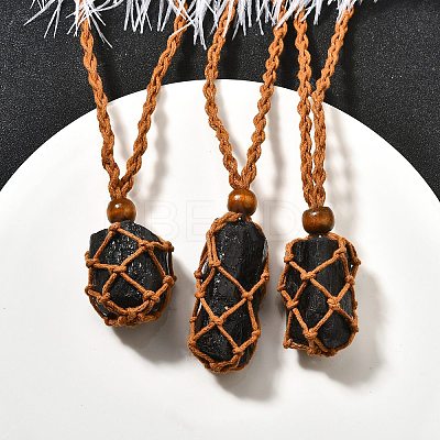 Natural Black Tourmaline Macrame Pouch Adjustable Slider Necklaces NJEW-M090-01-1