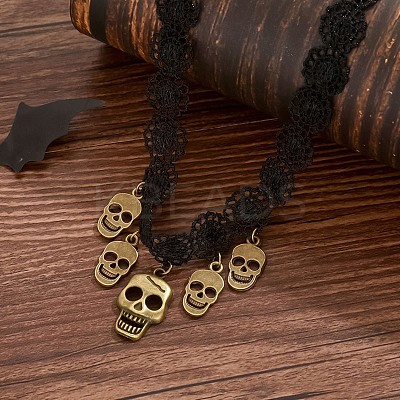 Halloween Gothic Alloy Skull Tassel Black Polyester Flower Lace Choker Necklaces for Women FS-WGBADFE-01-1