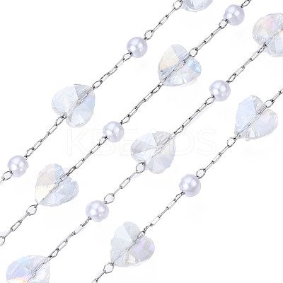 Glass Heart & ABS Plastic Pearl Beaded Chains CHS-N003-06B-1
