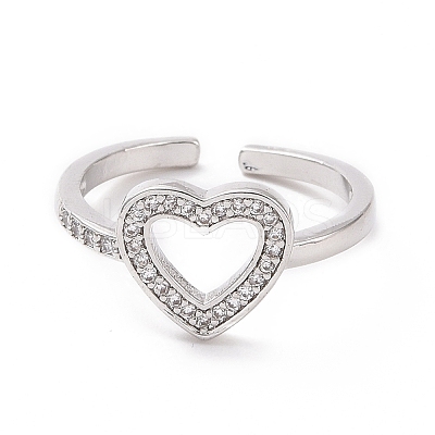 Clear Cubic Zirconia Hollow Out Heart Open Cuff Ring RJEW-I094-03P-1