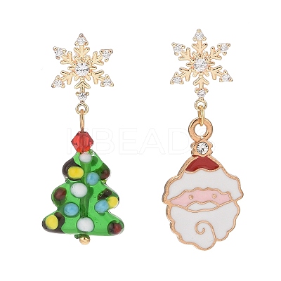 Santa Claus Alloy Enamel & Christmas Tree Lampwork Asymmetrical Earrings EJEW-TA00230-1