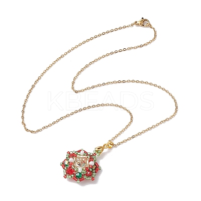 Christmas Theme Flower Glass Seed Beads & Rhinestone Pendant Necklaces NJEW-MZ00045-1