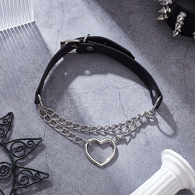 2Pcs Alloy Heart Link PU Leather Punk Choker Necklaces for Women NJEW-UN0001-70A-1