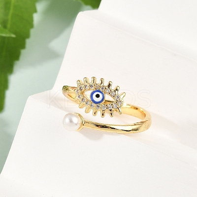 Evil Eye Brass Micro Pave Clear Cubic Zirconia Open Cuff Rings for Women. with ABS Plastic Imitation Pearl and Enamel RJEW-G343-20G-1