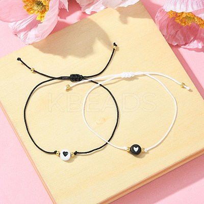 2Pcs 2 Color Acrylic Heart & Glass Seed Braided Bead Bracelet Set BJEW-JB09801-1