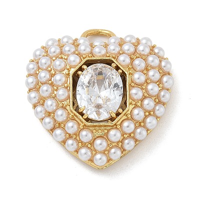 Rack Plating Brass Micro Pave Clear Cubic Zirconia with ABS Plastic Pearl Pendants KK-G515-55G-1