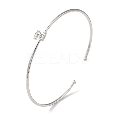 Rack Plating Brass Micro Pave Clear Cubic Zirconia Letter Open Cuff Bangles BJEW-A018-01P-Z-1