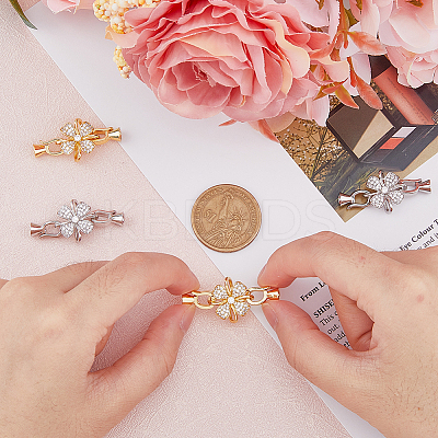 4 Sets 2 Colors Rack Plating Flower Brass Pave Clear Cubic Zirconia Fold Over Clasps KK-FH0006-91-1