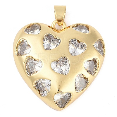 Rack Plating Heart Brass Micro Pave Clear Cubic Zirconia Pendants KK-P287-37G-1