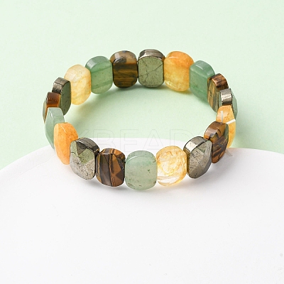 Oval Natural Pyrite & Green Aventurine & Tiger Eye & Quartz Crystal Beads Stretch Bracelets for Unisex BJEW-Z149-05B-1