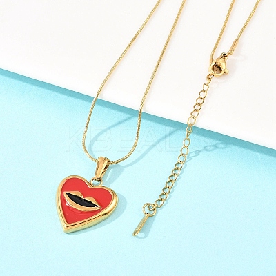 304 Stainless Steel Enamel Red Heart with Lip Pendant Necklaces NJEW-H088-03G-1