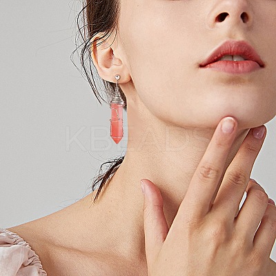 Cherry Quartz Glass Double Point Bullet Dangle Stud Earrings EJEW-PH01406-01-1