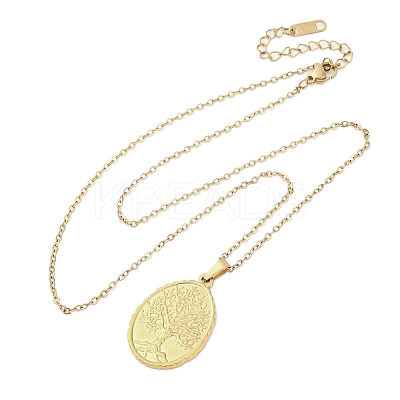 Oval Tree of Life 304 Stainless Steel Pendant Necklaces NJEW-M096-10G-1