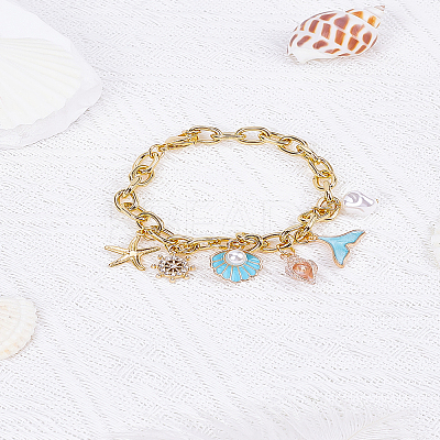 Summer Beach Starfish & Shell Shaped Alloy Enamel & ABS Plastic Imitation Pearl Charm Bracelets BJEW-LP00001-1