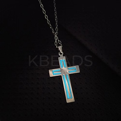 Luminous Glow in the Dark Stainless Steel Cross Pendant Necklace PW-WG31976-01-1