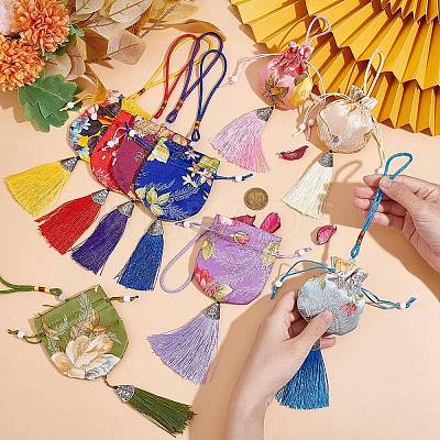 9Pcs 9 Colors Flower Pattern Brocade Bag Tassel Pendant Decorations HJEW-NB0001-97-1