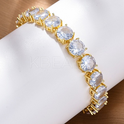 Brass Pave Clear Cubic Zirconia Flat Round Link Chain Bracelets for Women BJEW-A034-02G-1