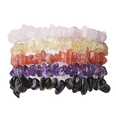 12 Constellation Natural Mixed Gemstone Chip Beaded Stretch Bracelets Sets for Women Men BJEW-JB10264-09-1