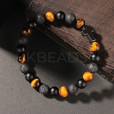 Natural Tiger Eye & Lava Rock & Black Stone Round Beads Stretch Bracelets LL8667-1