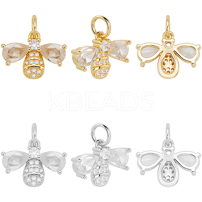 8Pcs 2 Colors Bees Brass Micro Pave Cubic Zirconia Charms KK-BBC0019-18-1