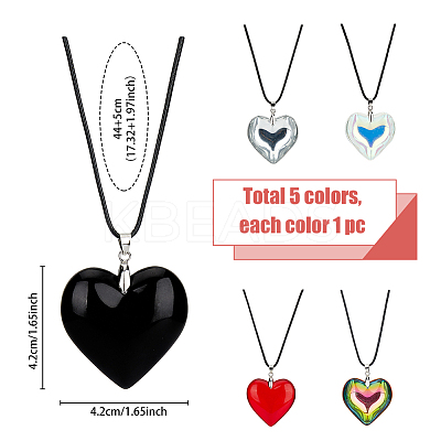 5Pcs 5 Colors Heart Glass Pendant Necklaces Set with Waxed Cord for Women NJEW-FI0001-05-1