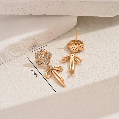 Elegant Brass Pave Clear Cubic Zirconia Flower with Bowknot Stud Earrings OP0904-1