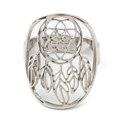 Non-Tarnish Adjustable 304 Stainless Steel Woven Web/Net with Feather Ring RJEW-F149-05P-1