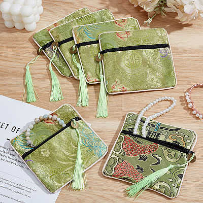 6Pcs Chinese Style Silk Cloth Embroidery Jewelry Packing Zipper Bags with Tassel ABAG-ME0001-05B-1
