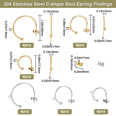 24Pcs 6 Style 304 Stainless Steel C-shape Stud Earring Findings FIND-BBC0001-53-1