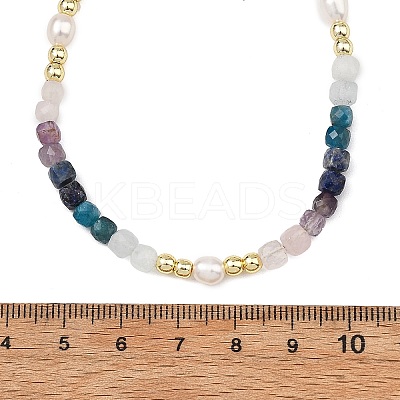 Natural Apatite & Aquamarine & Amethyst & Rose Quartz & Lapis Lazuli Faceted Cube and Pearl Beaded Necklaces NJEW-JN06302-1