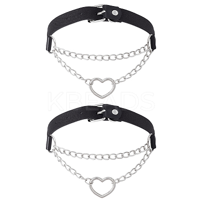 2Pcs Alloy Heart Link PU Leather Punk Choker Necklaces for Women NJEW-UN0001-70A-1