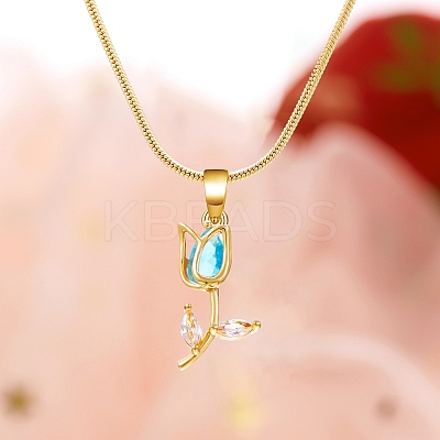 Golden Tong Brass Rhinestone Rose Flower Pendant Snake Chain Necklsces for Women LS-PW-WG50556-01-1