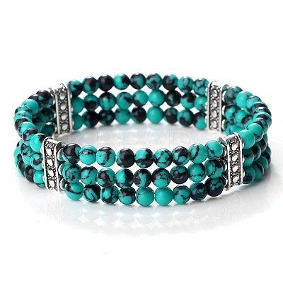Round Dyed Synthetic Turquoise & Alloy Multi-Strand Beaded Stretch Bracelets for Women Men GQ0306-10-1