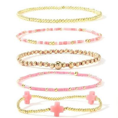 5Pcs 5 Styles Handmade Brass &Glass Beads Stretch Bracelet Set OI0028-8-1