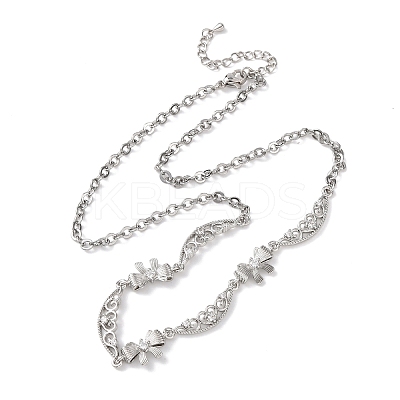 Brass Pave Clear Cubic Zirconia Bowknot and Hollow Moon Link Chain Necklaces NJEW-D348-02P-1