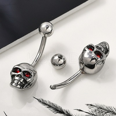 Skull 316 Surgical Stainless Steel Red Cubic Zirconia Belly Button Rings EJEW-G416-34AS-1