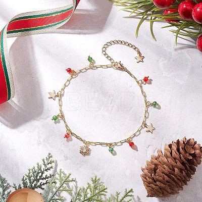 Christmas Brass Pave Clear Cubic Zirconia Snowflake & 304 Stainless Steel Star and Round Glass Tassel Brass Paperclip Chain Anklets AJEW-AN00753-1