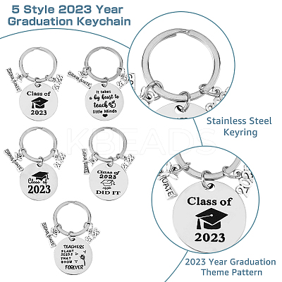 5Pcs 5 Style Class of 2023 Graduation Gifts Stainless Steel Keychain KEYC-FH0001-32B-1