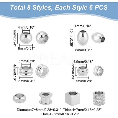48Pcs 8 Style 304 & 201 & 303 Stainless Steel European Beads STAS-UN0040-02-1