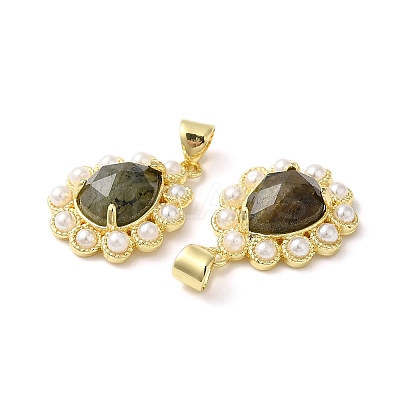 Ion Plating(IP) Natural Mixed Gemstone Teardrop with Plastic Pearl Beaded Pendant G-E599-01G-1