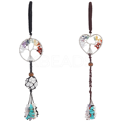 2Pcs Natural & Synthetic Gemstone Tree of Life Pendant Decorations HJEW-UN00077-1